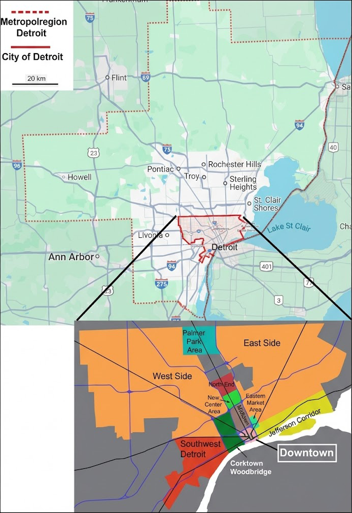 Zweiteilige Karte: Metroregion Detroit oben; vergrößerter Stadtplan mit Downtown, West Side, East Side und Southwest Detroit unten.